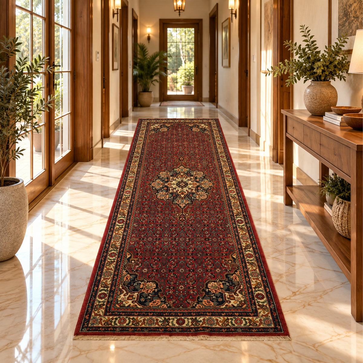 Bidjar rug laid on floor in a hallway, red center with ornate border and fringe