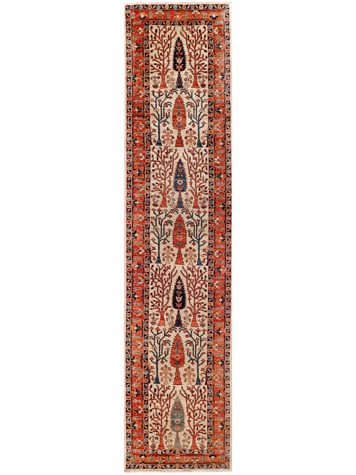 Narrow runner rug with red frame, beige center, and repeating arch motifs