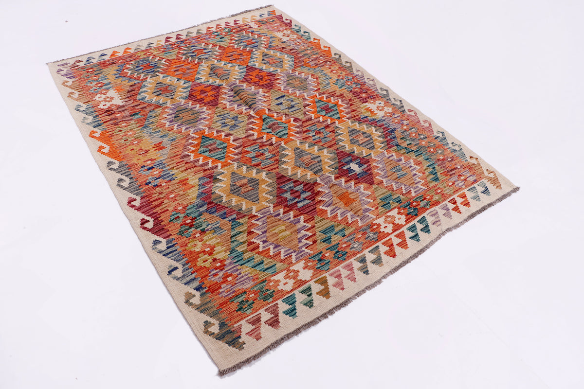 Kilim rug laid flat with multicolor geometric pattern, 204x160 cm