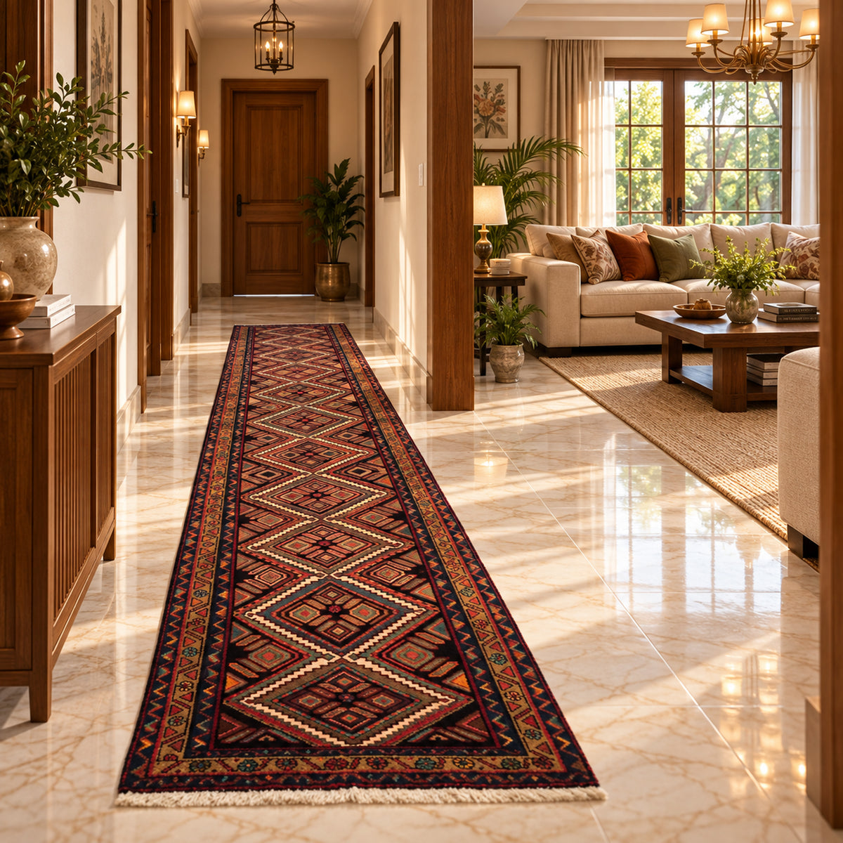 Hamedan rug runner with geometric diamonds, zigzag border, and fringed ends