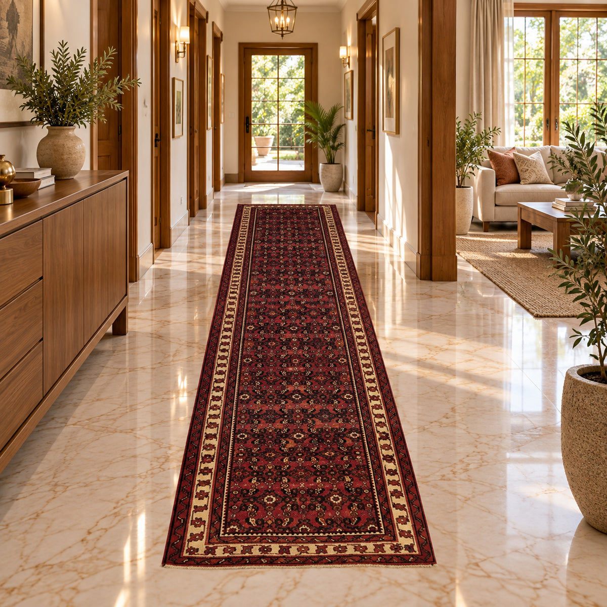 Burgundy runner rug with navy floral medallions and cream border stripes on floor