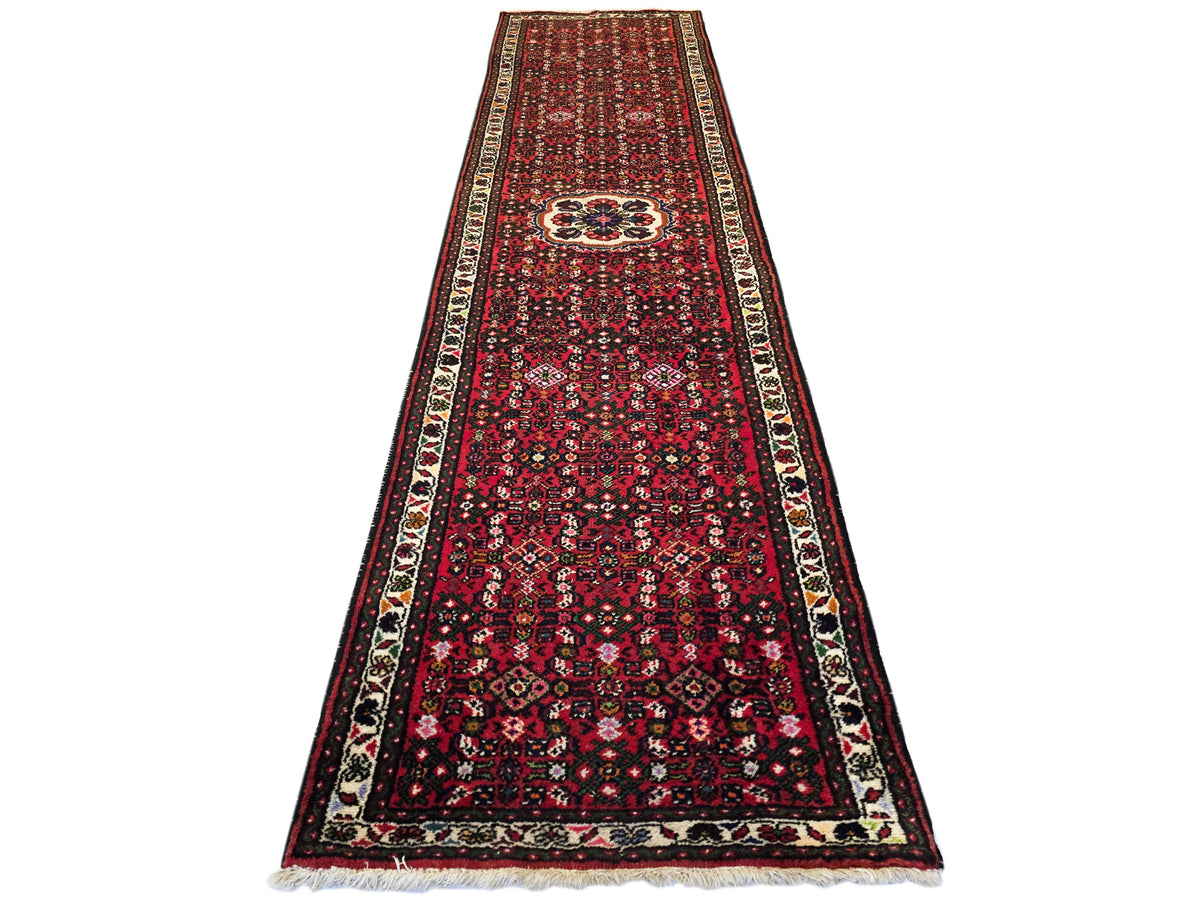 Hamedan runner rug with red central medallion, dark floral motifs, and fringed ends