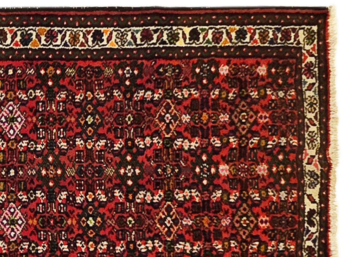 Close-up of red runner rug with intricate floral lattice pattern and cream border detail