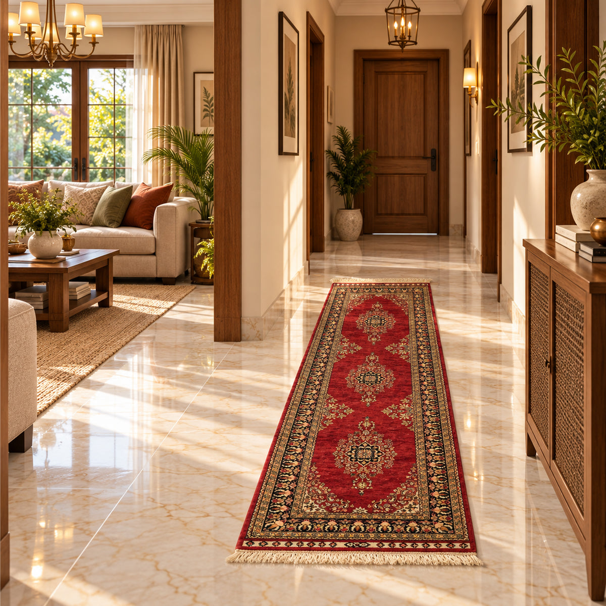 Hereke rug runner with deep red medallions, ornate border, and beige fringe