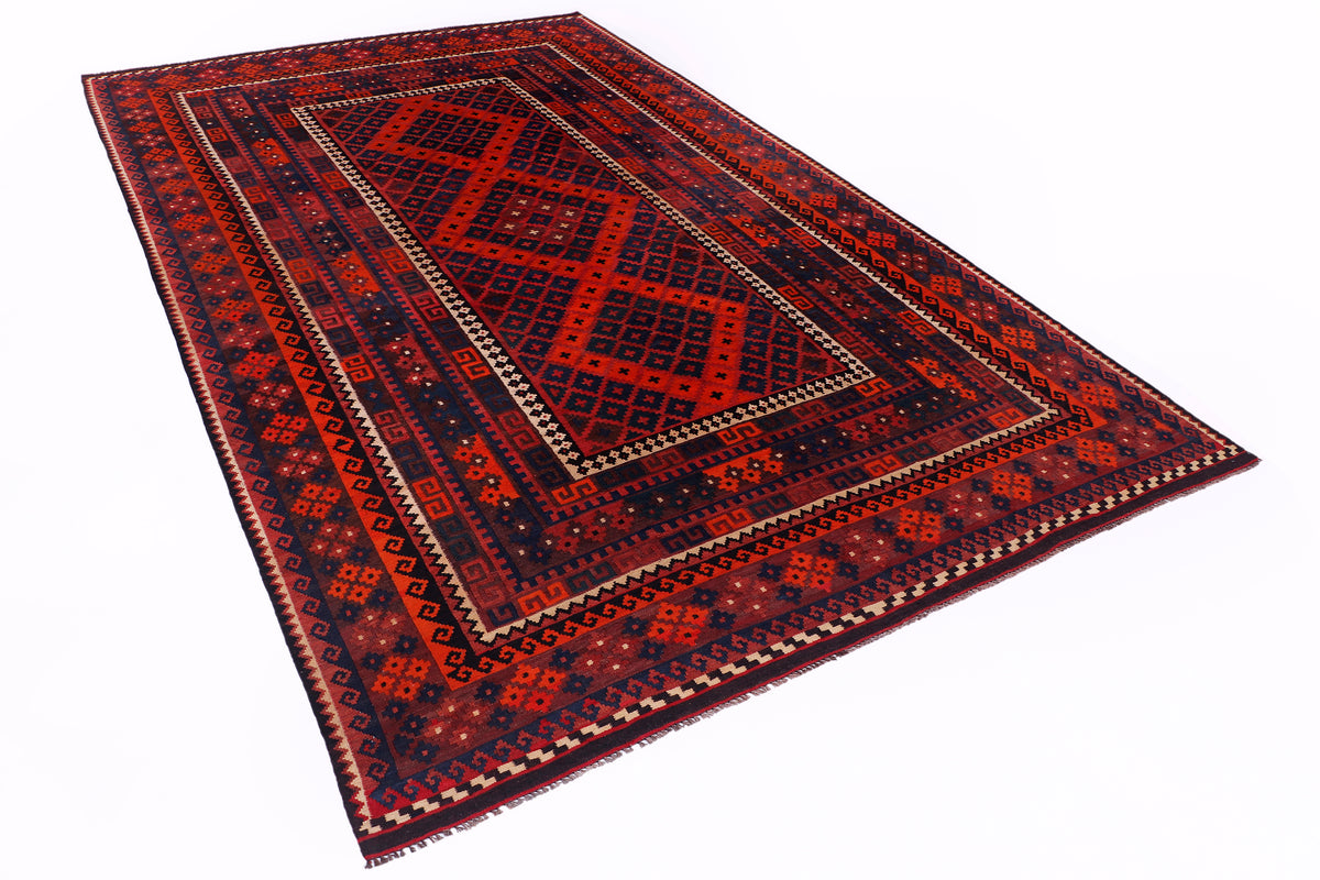 Crimson red kilim rug with navy and cream geometric border and diamond medallion