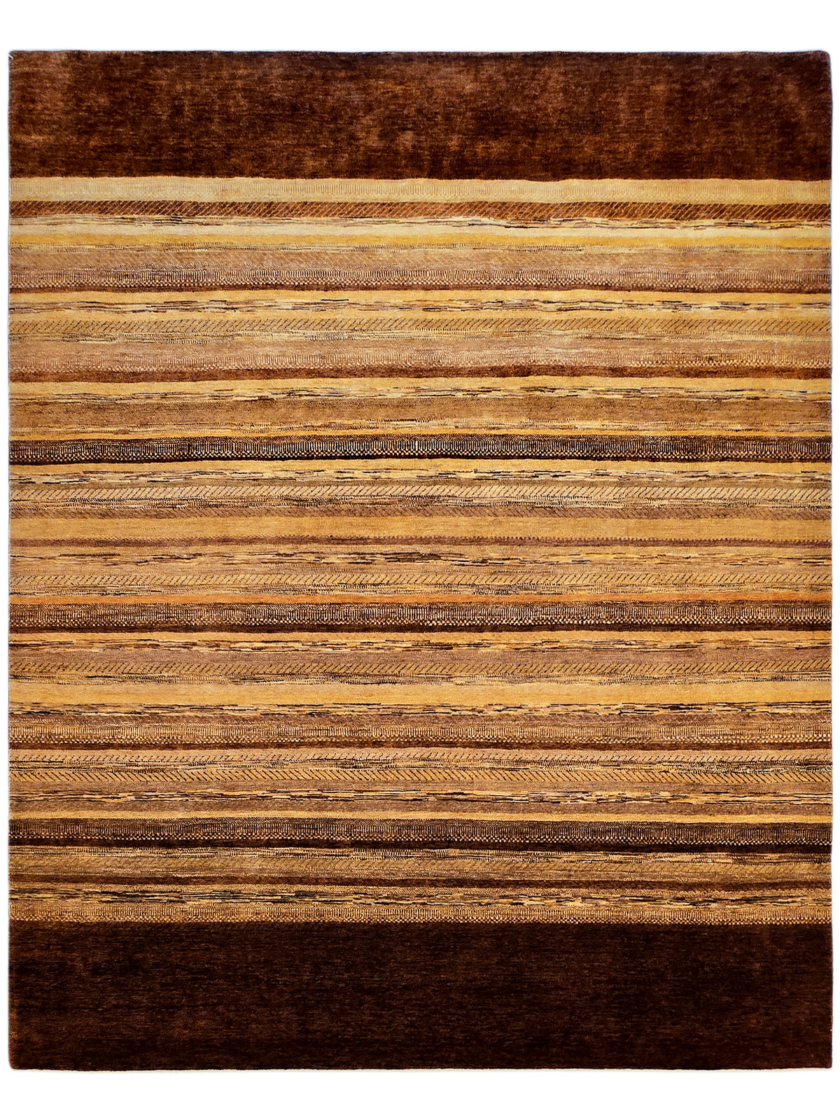 Rectangular area rug with tan and dark brown layered stripe bands on dark trim.