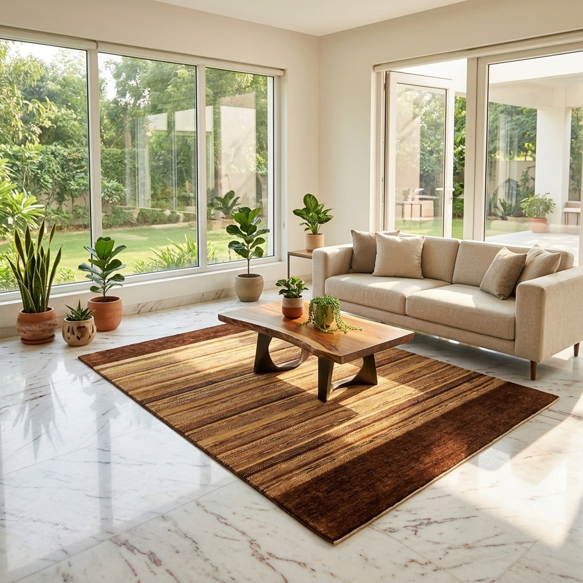 Rectangular area rug with tan and dark brown horizontal stripes and a defined border.