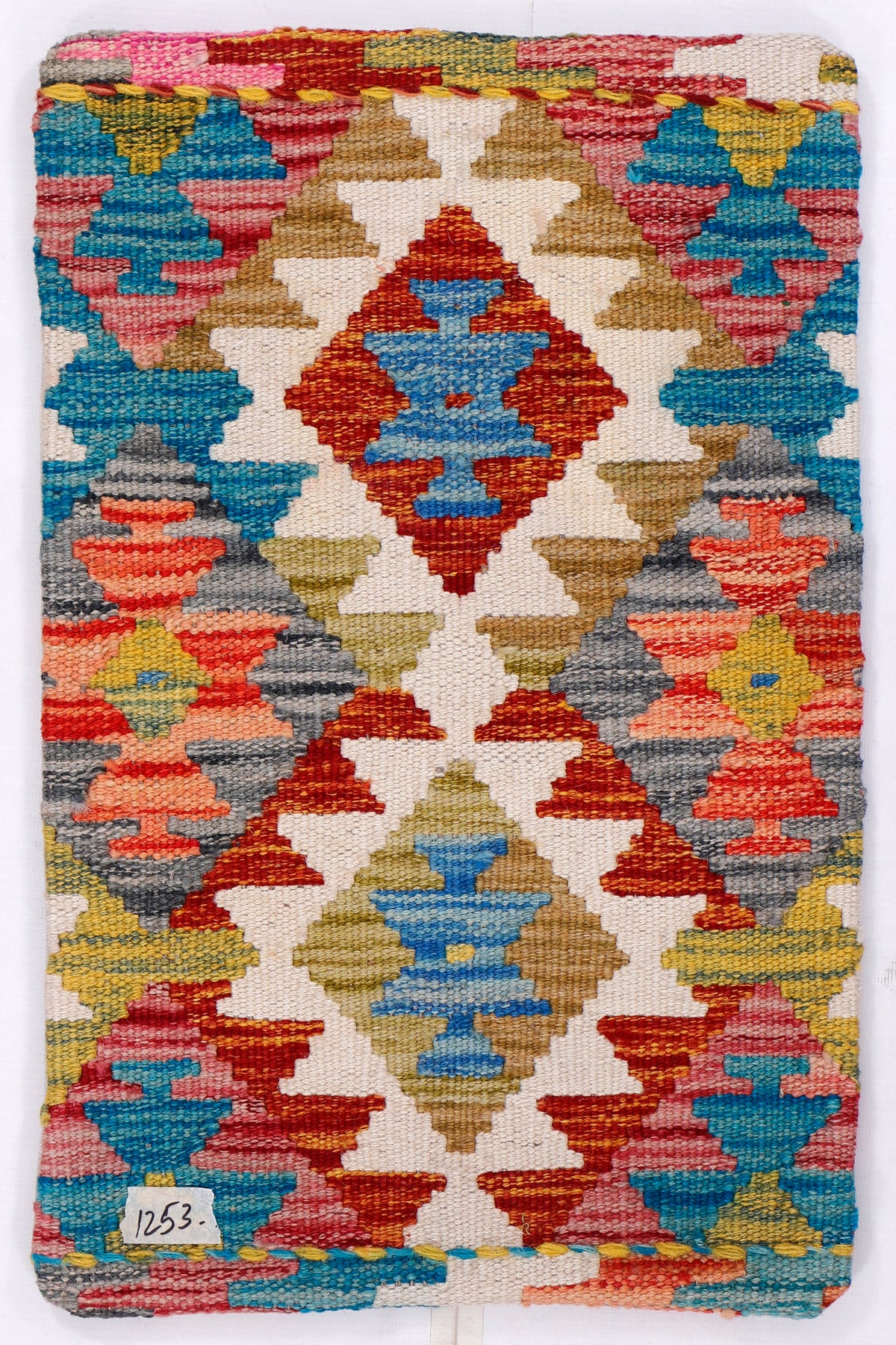 Multicolor kilim cushion cover with geometric motif and turquoise accents, 35x55 cm