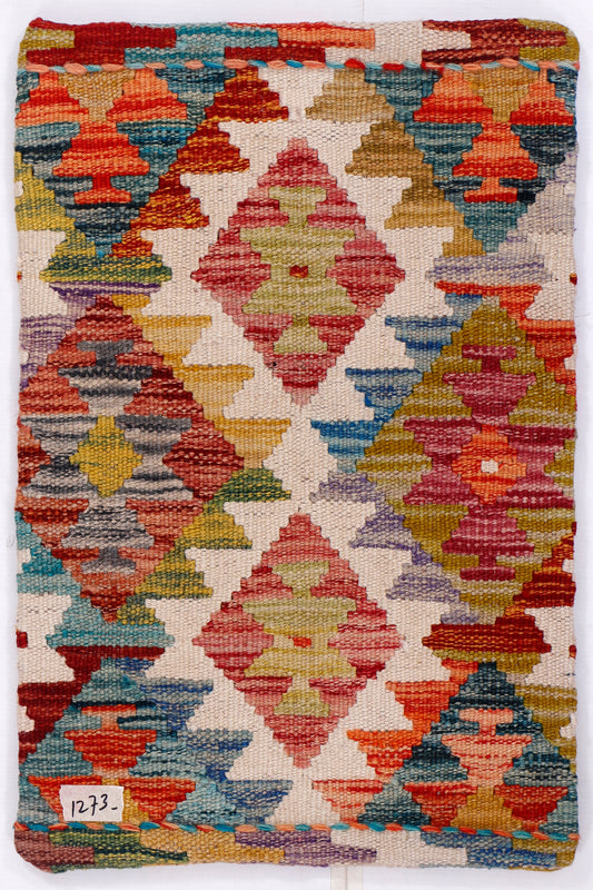 Red, blue, and cream kilim cushion cover with geometric diamond pattern, 35x55 cm