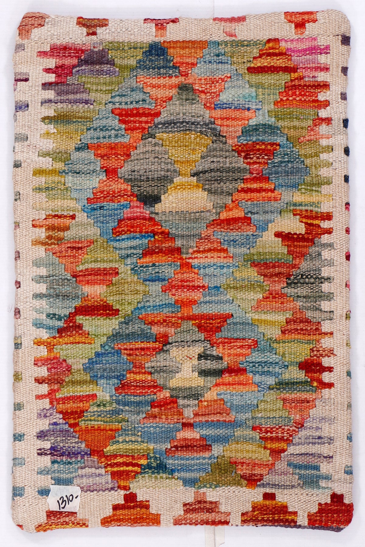 Square kilim cushion cover with colorful geometric diamond pattern, blue-backed 35x55 cm