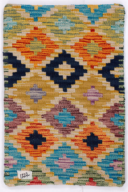 Kilim cushion cover 35x55 cm close view of multicolor geometric motif on yellow