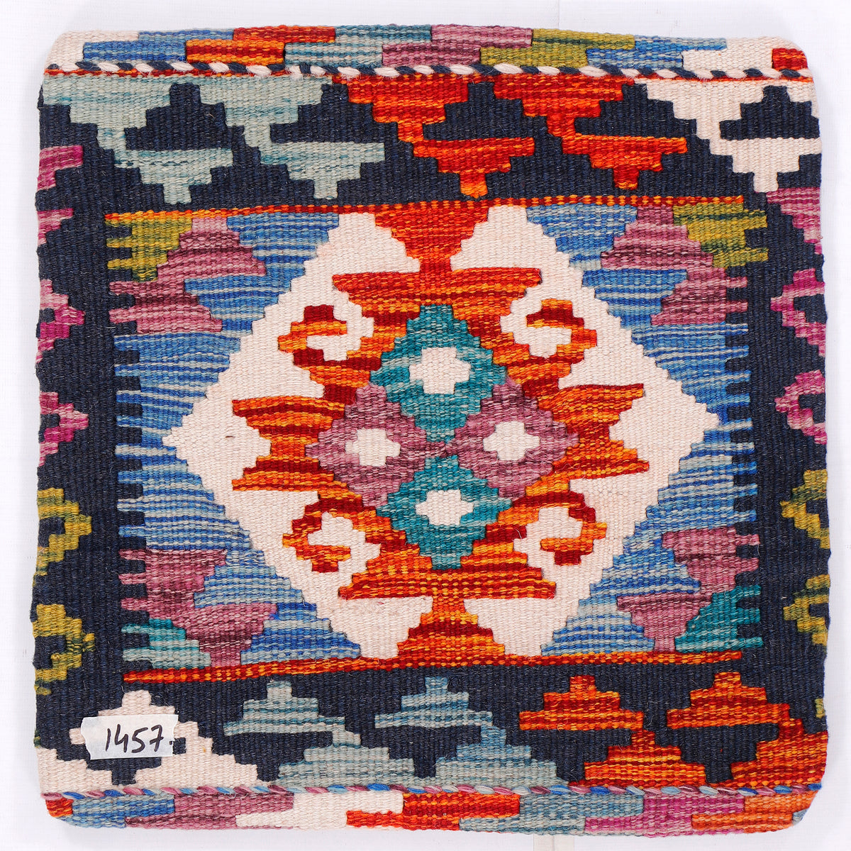 Blue Diamond Kilim cushion cover close-up, 45x45 cm, colorful geometric mosaic design