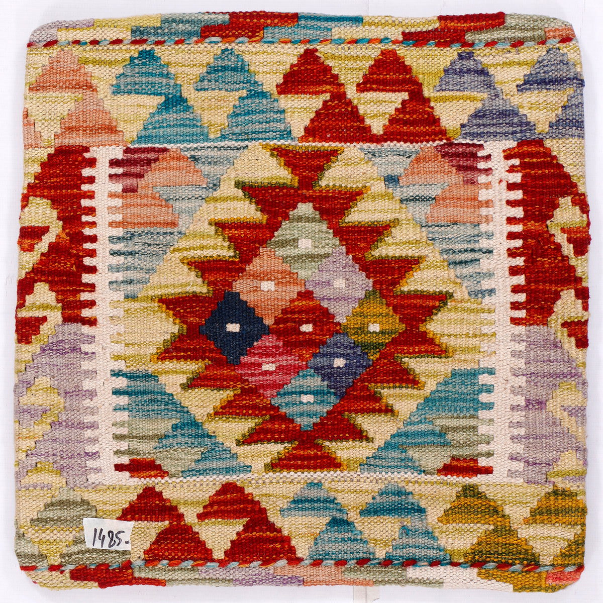 Beige kilim cushion cover with multicolor geometric diamond pattern, 45x45 cm