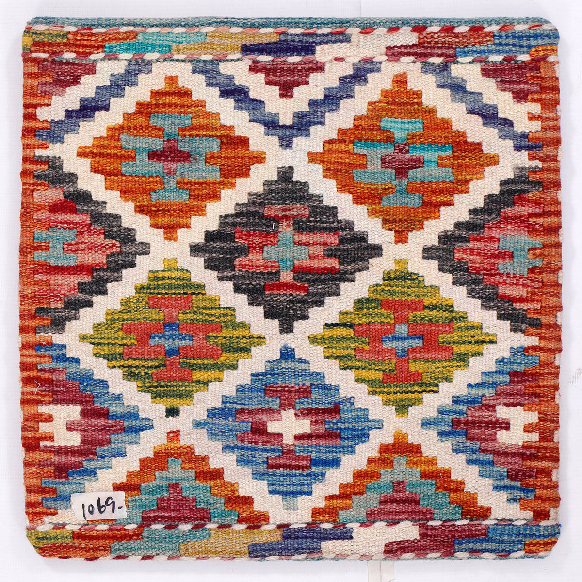 Multicolor kilim cushion cover, 45x45 cm, multicolor geometric diamond pattern, zigzag border