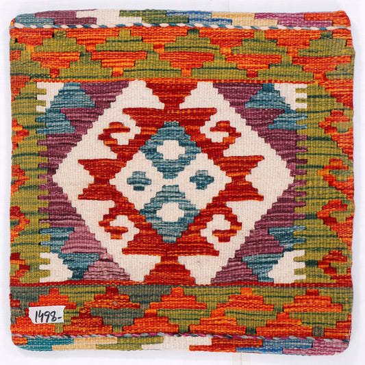 Kilim cushion cover close-up with multicolor diamond geometric pattern, 45x45 cm