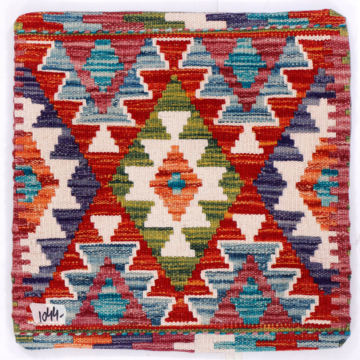 Kilim cushion cover with red geometric pattern and multicolor diamonds, 45x45 cm