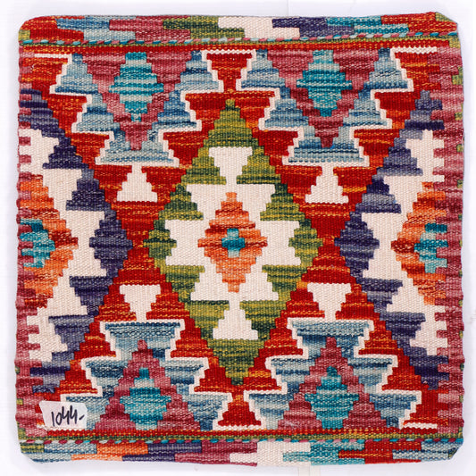 Kilim cushion cover with red geometric pattern and multicolor diamonds, 45x45 cm