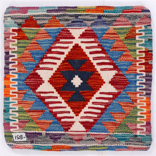 Kilim cushion cover, 45x45 cm, close-up diamond motif with multicolor zigzag border