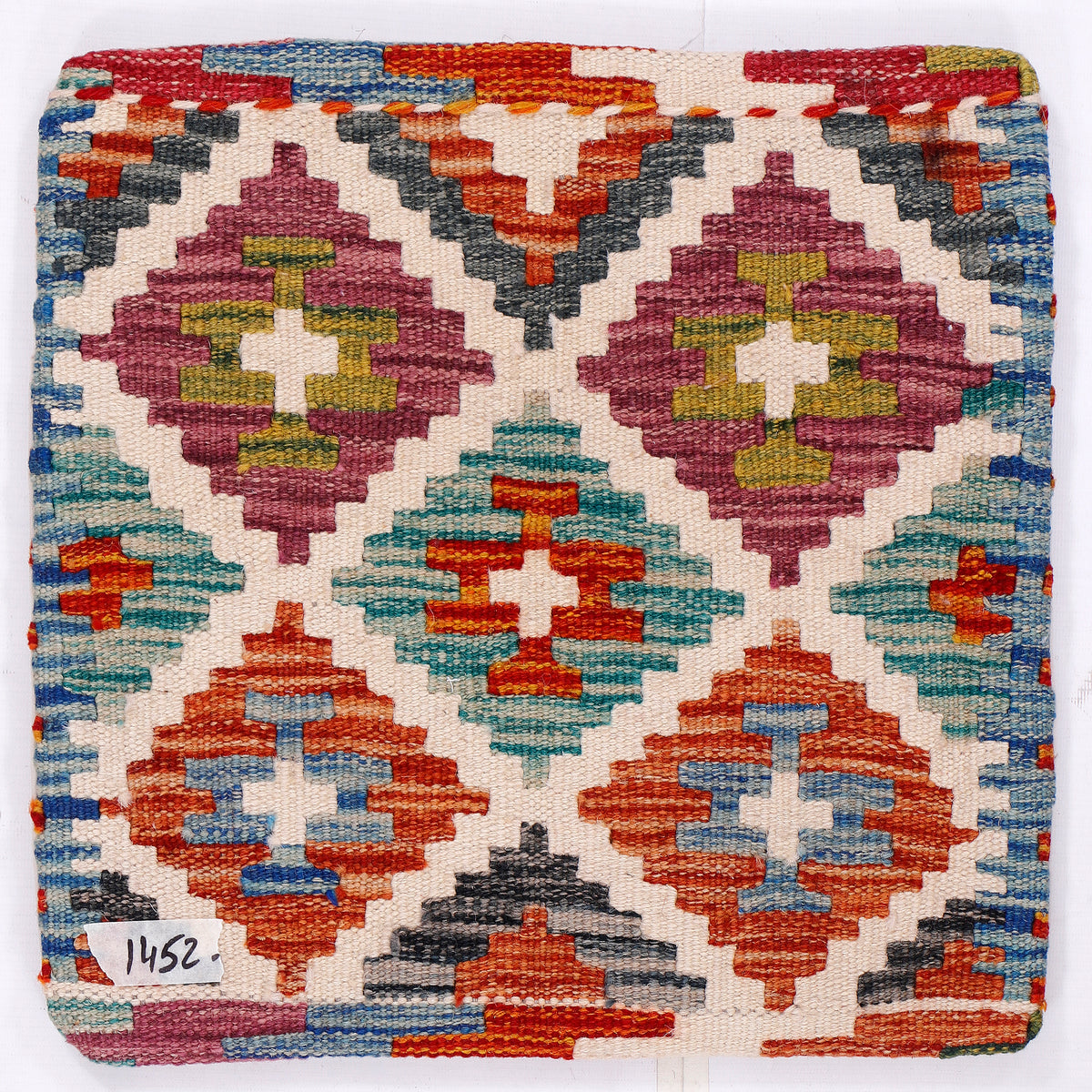 Kilim cushion 45x45 cm, close-up of multicolor geometric diamond kilim pattern