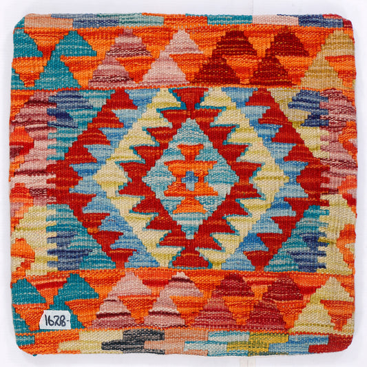 Front view: multicolor kilim cushion with orange and blue diamond pattern, 45x45 cm