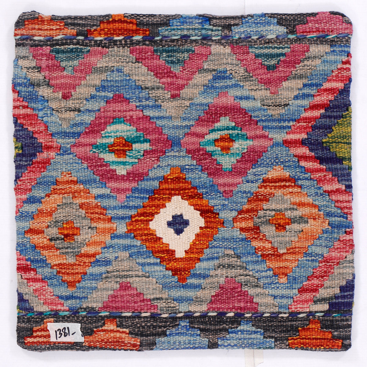 Kilim cushion cover, multicolor diamond zigzag pattern on blue background
