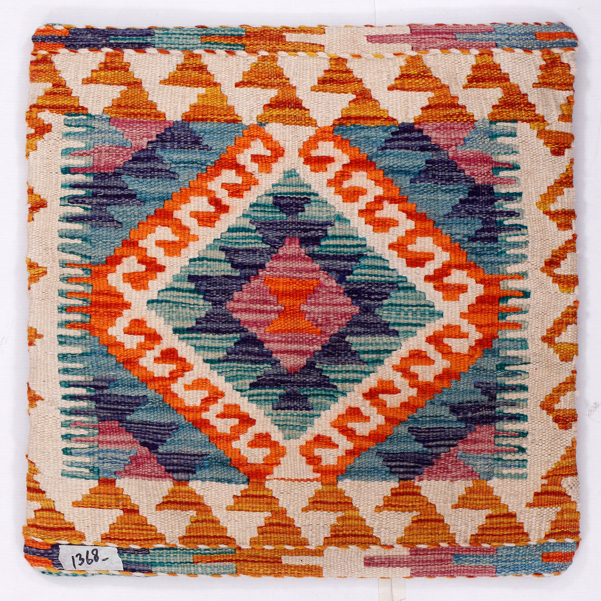 Orange kilim cushion cover with diamond pattern in blue, teal and white, 45x45 cm
