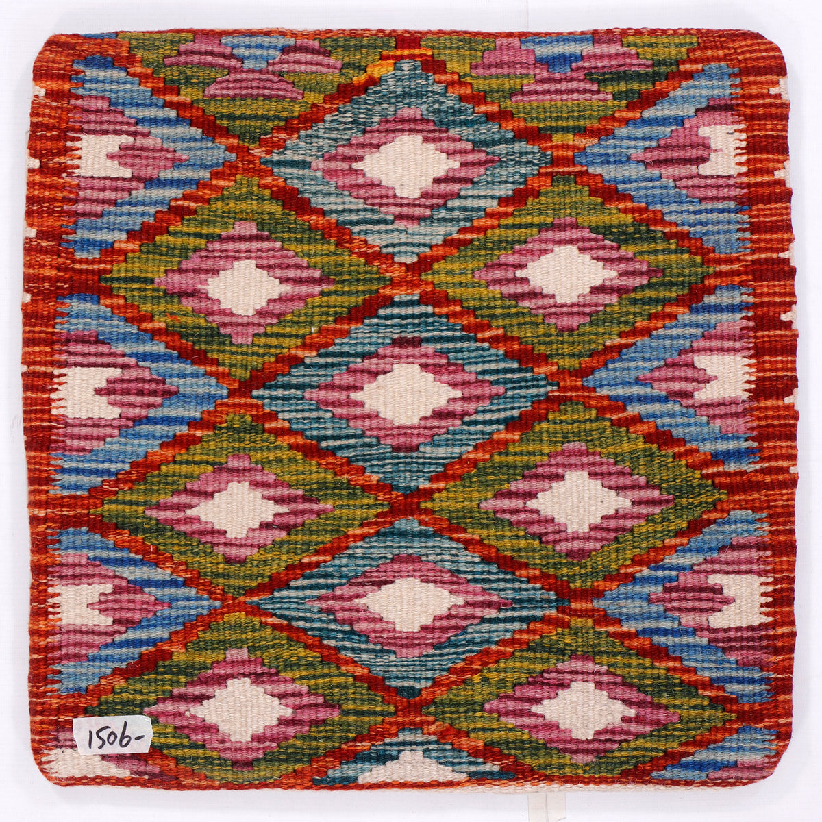 Multicolor kilim cushion cover with diamond pattern and short fringed edges