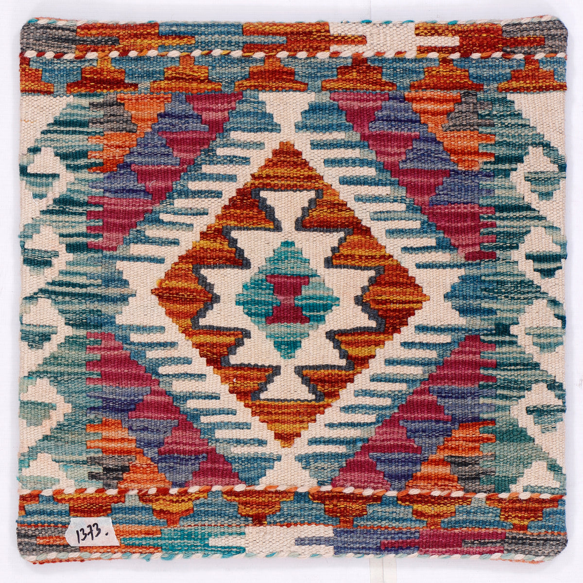 Diamond kilim cushion cover with multicolor geometric patterns and orange blue detailing, 45x45 cm