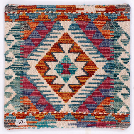 Diamond kilim cushion cover with multicolor geometric patterns and orange blue detailing, 45x45 cm