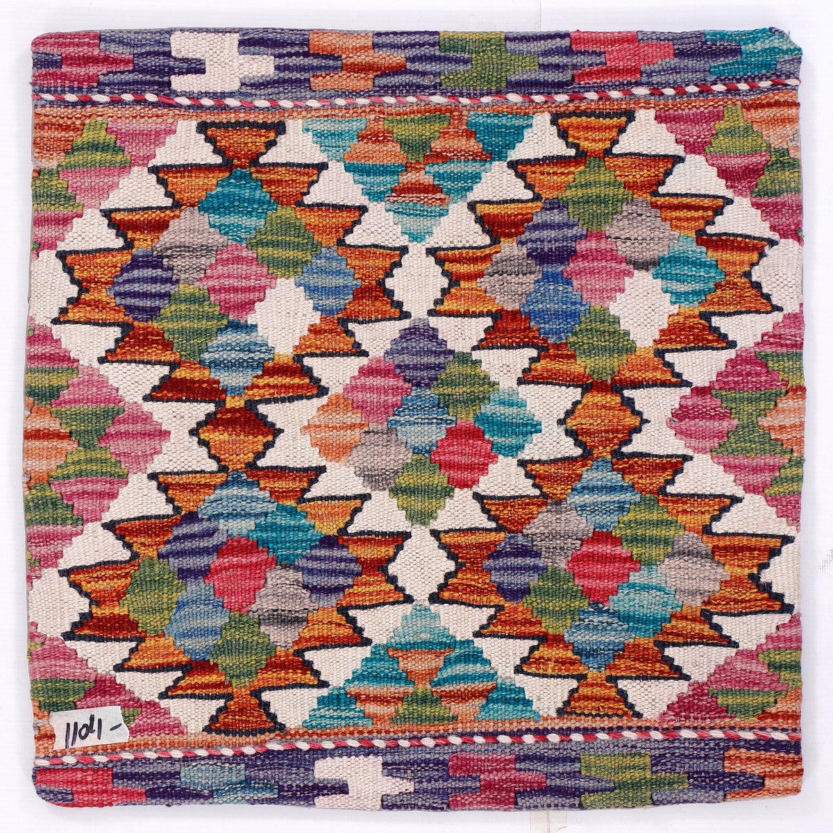 Multicolor kilim cushion cover with dense diamond geometric pattern, square front