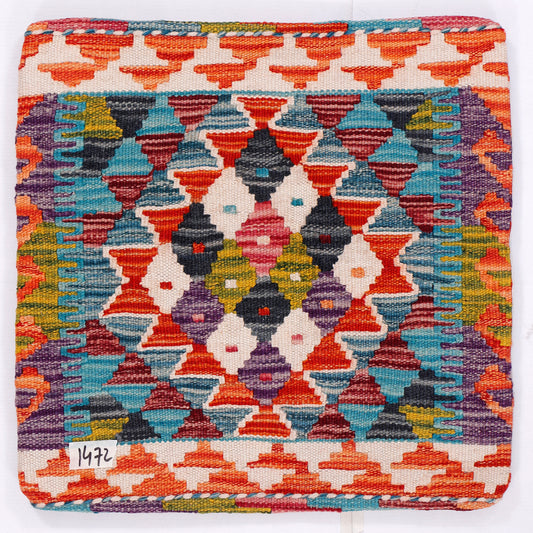 45x45 kilim cushion cover, orange tribal diamond pattern, multicolor woven textile