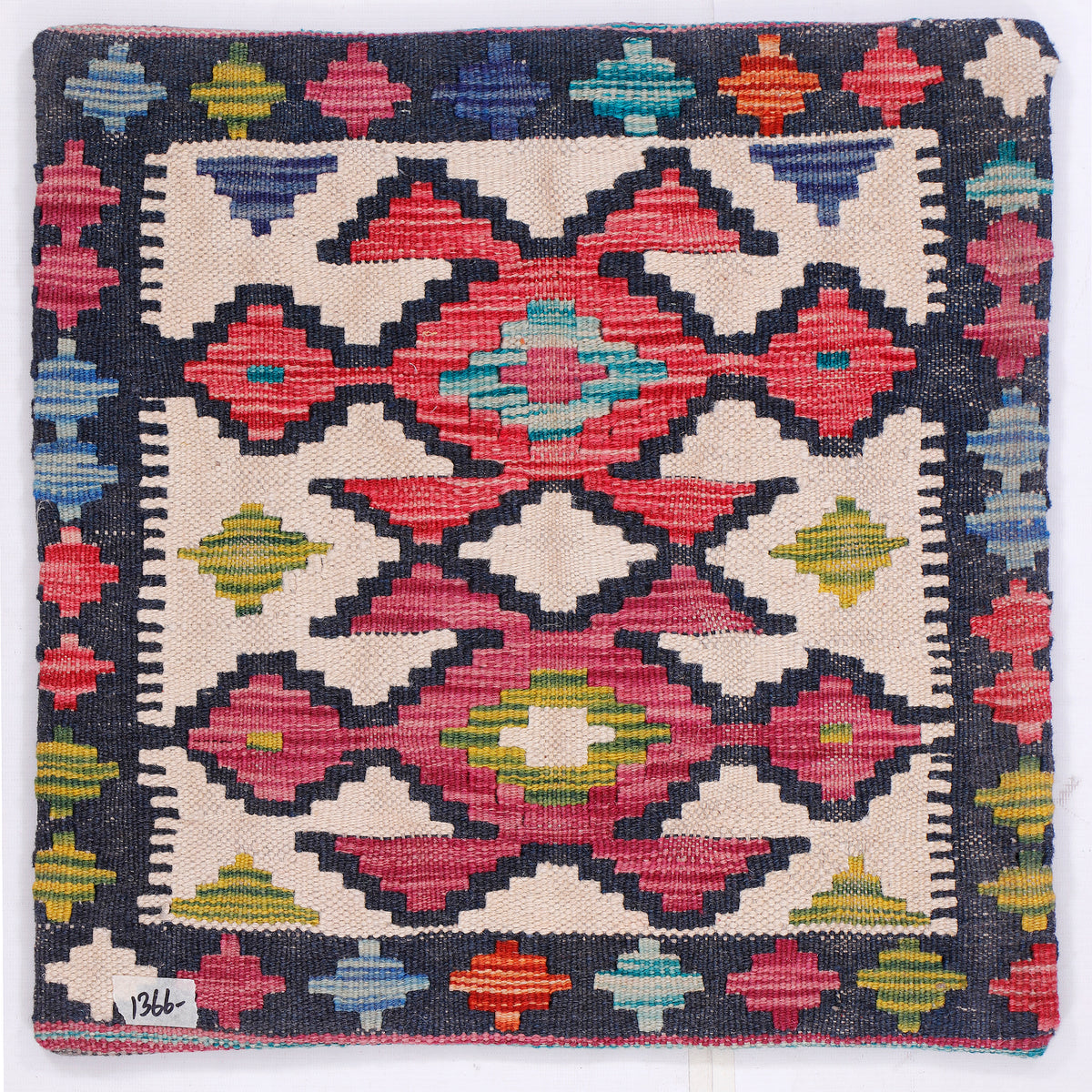 Kilim cushion cover with blue-red geometric pattern on cream, 45x45 cm