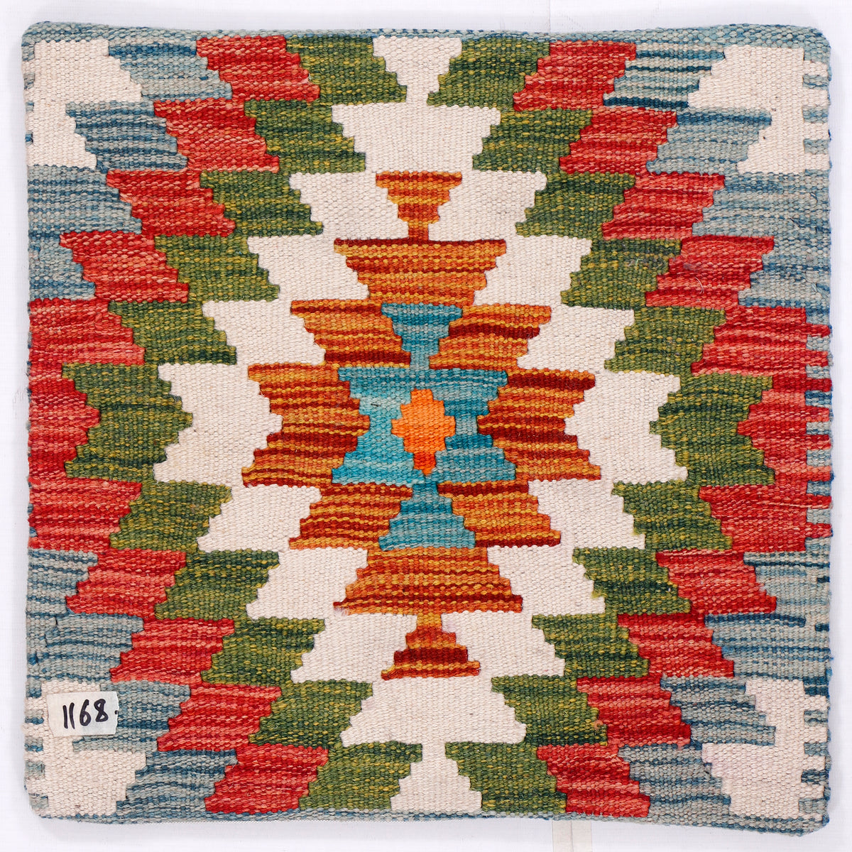 Multicolor kilim cushion cover with stepped geometric pattern, red green blue orange