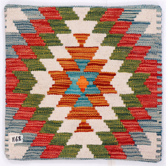 Multicolor kilim cushion cover with stepped geometric pattern, red green blue orange