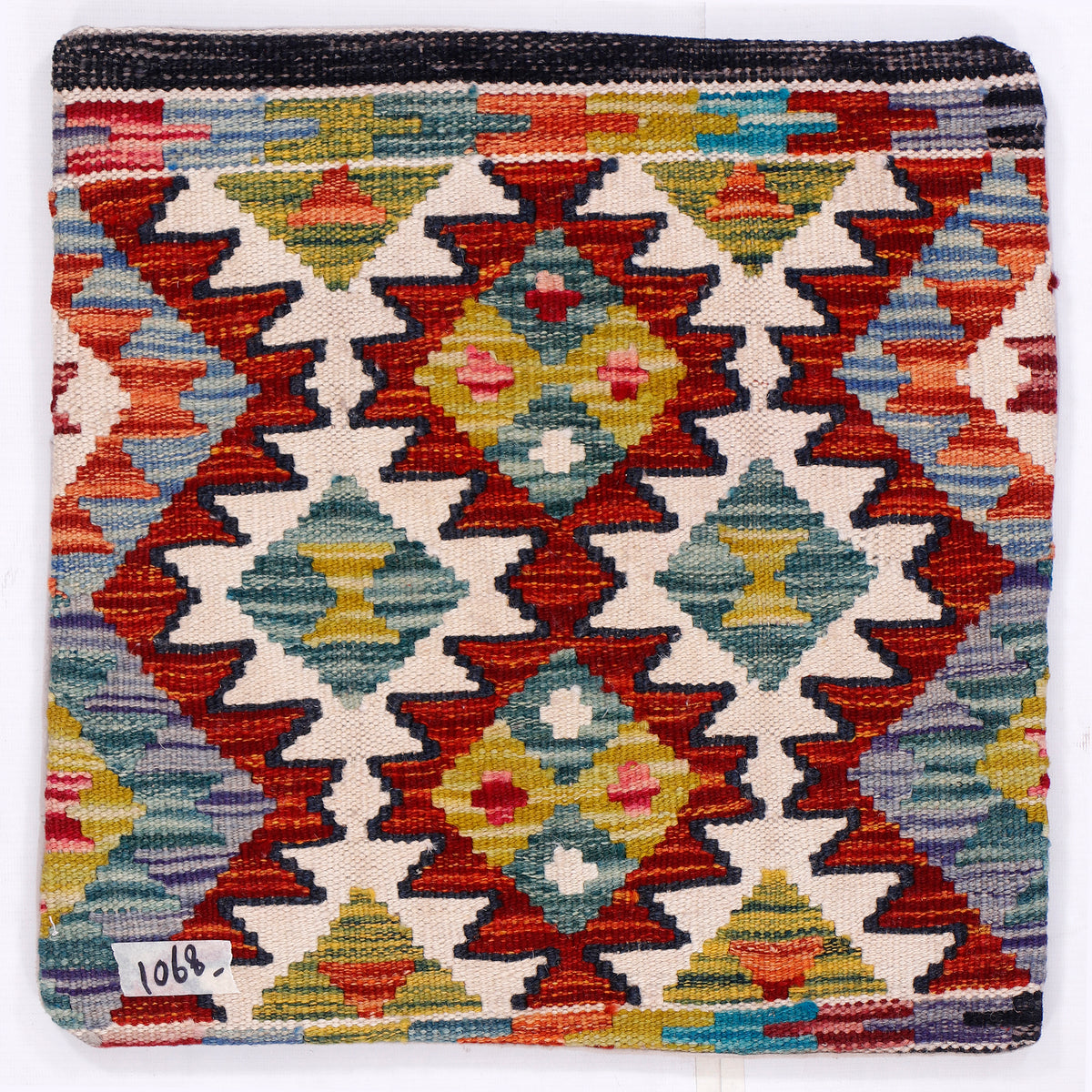 Geometric kilim cushion cover, square 45x45 cm, multicolor zigzag pattern, corner label