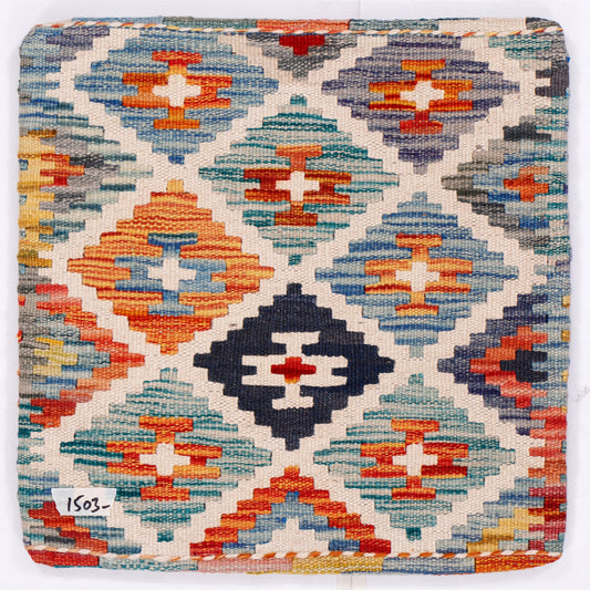Kilim cushion cover square with colorful geometric cross and diamond motifs