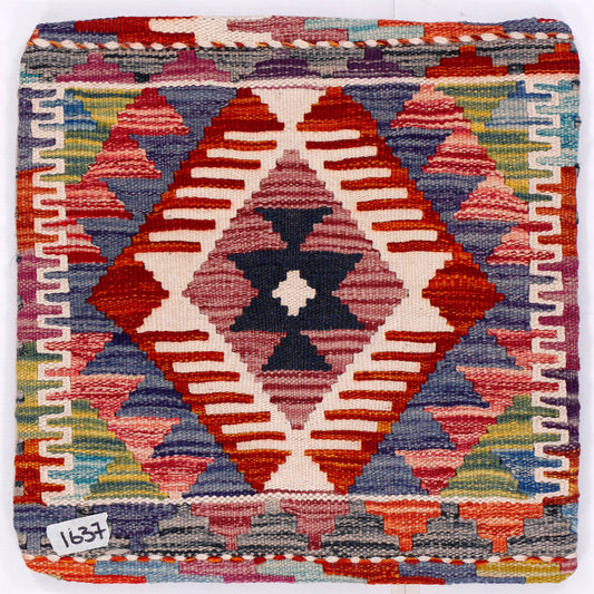 Kilim cushion cover with red, blue, cream diamond geometric pattern