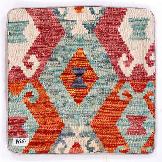 45x45 kilim cushion front close-up with red, teal, orange, and white geometric pattern