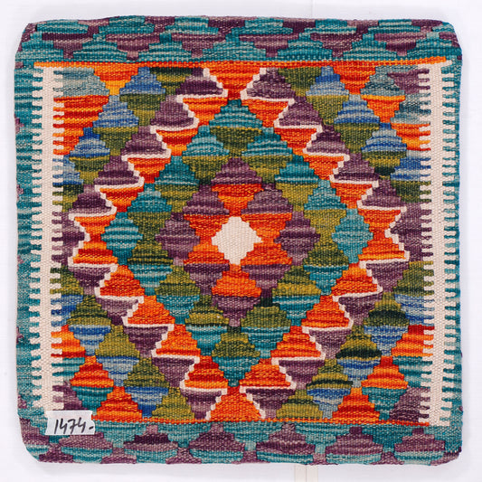 Turquoise kilim cushion cover with multicolor diamond pattern, square 45x45 cm