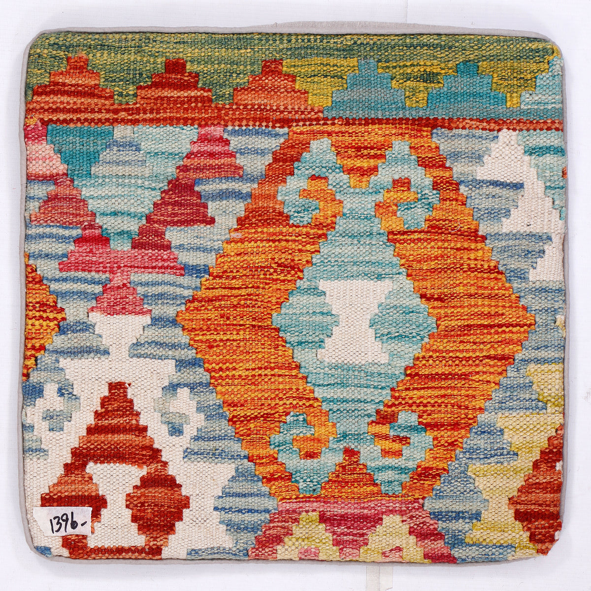 Orange organic kilim cushion 45x45 cm with colorful geometric weave pattern and zip edge