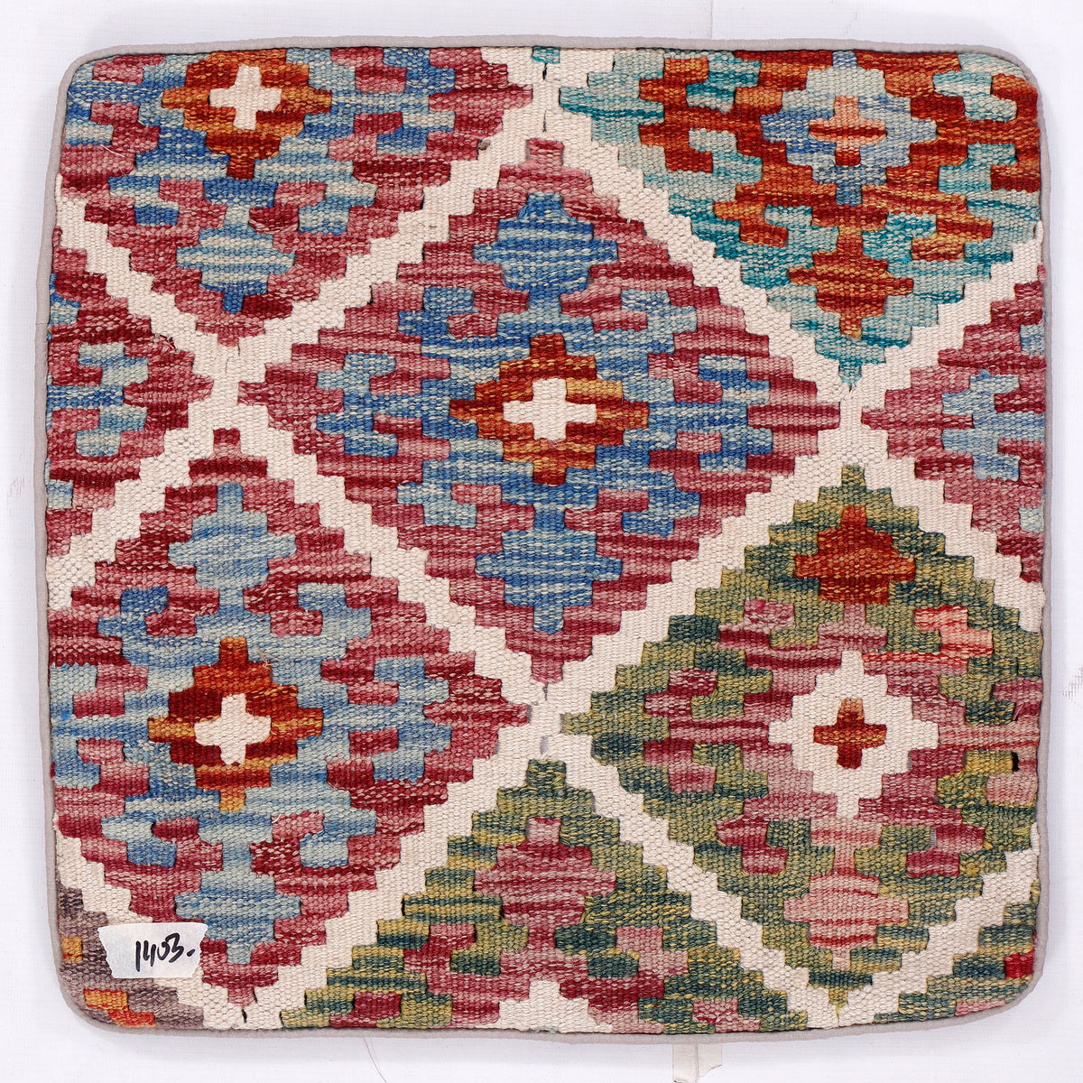 45x45 cm kilim cushion cover with multicolor geometric cross diamonds, close-up