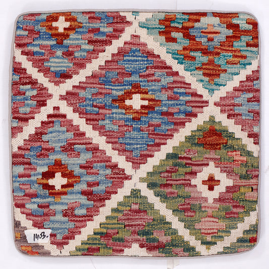 45x45 cm kilim cushion cover with multicolor geometric cross diamonds, close-up