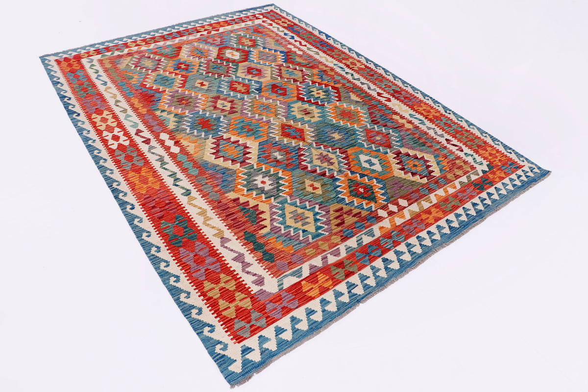 Kelim rug with multicolor diamond patterns and red, teal, blue, cream border