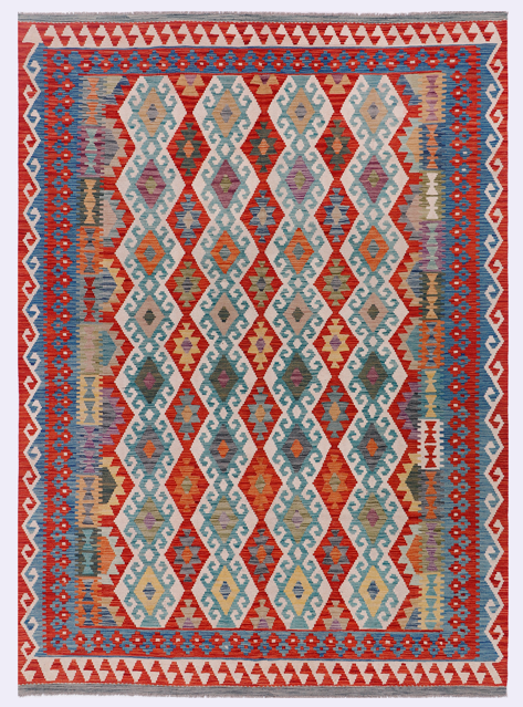Red kilim rug with blue, beige, and gray diamond and zigzag border pattern