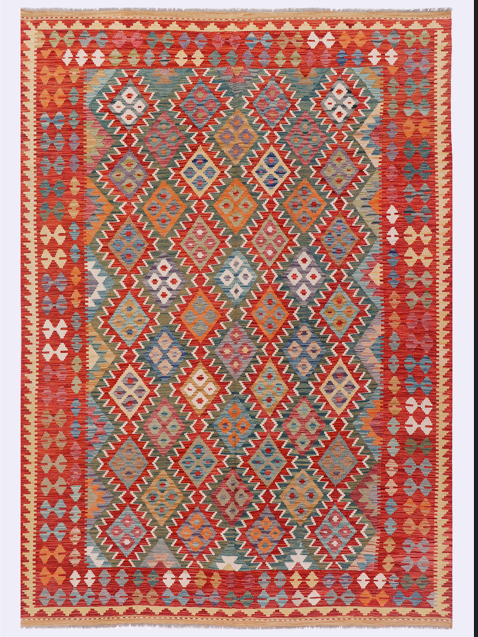 Full view of red and multicolor diamond geometric kilim rug with patterned border