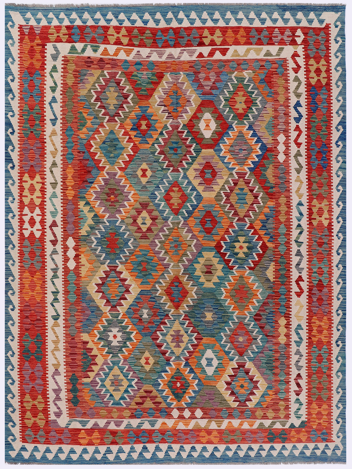 Kelim rug with central diamond medallion and multicolor geometric border on cream base