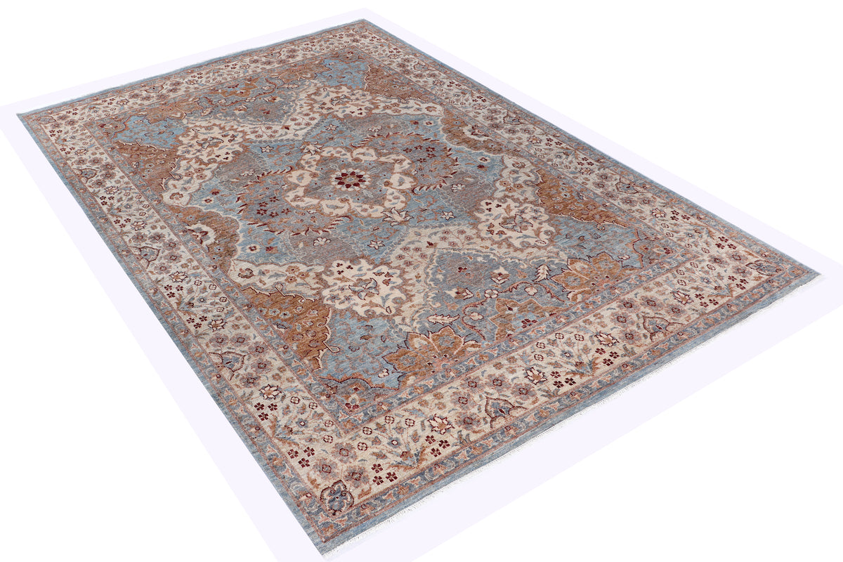 Rectangular floral medallion rug with blue center and beige background, rust border
