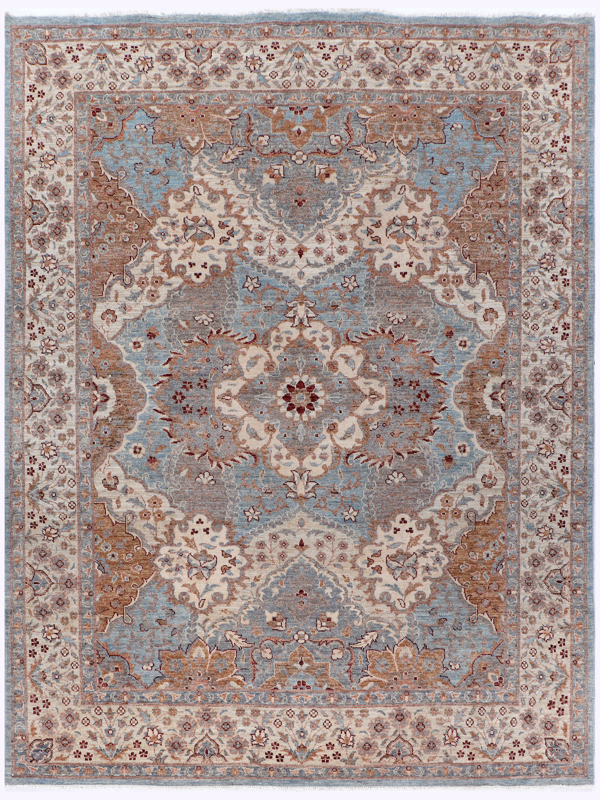 Floral medallion rug with blue center, beige background, and rust-red ornamental border