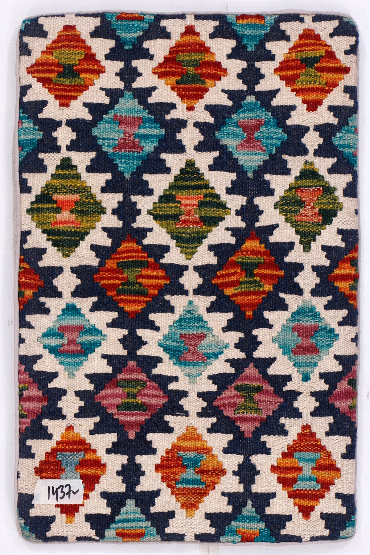 Navy kilim cushion cover with multicolor diamond pattern, 35x55 cm