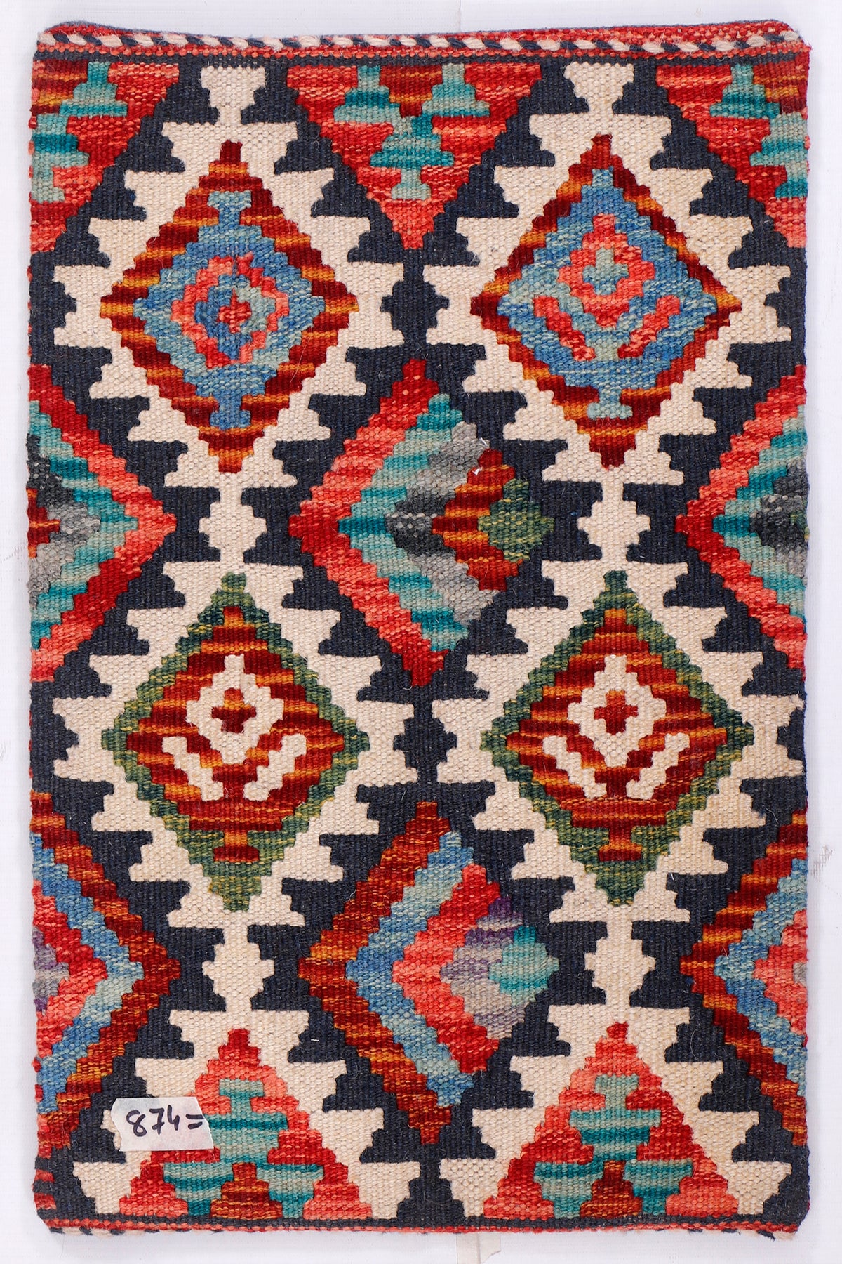 35x55 cm Kilim cushion cover with multicolor geometric diamond pattern and navy trim